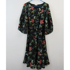 Kiyonna 0X Black Floral Dress Poppy Polka Dots Cut Split Sleeves Knee Length